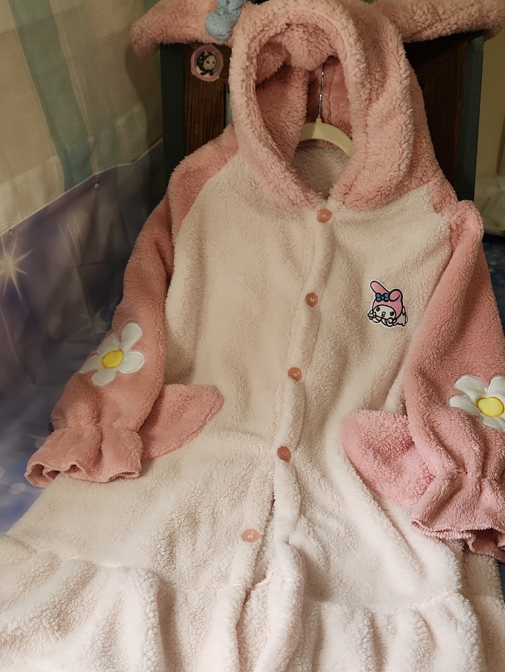 Pink Fuzzy Bunny 🐰 Hooded(W/ EARS!) Robe W/ Daisy, Pockets & Ruffled Hem CUTE🥕